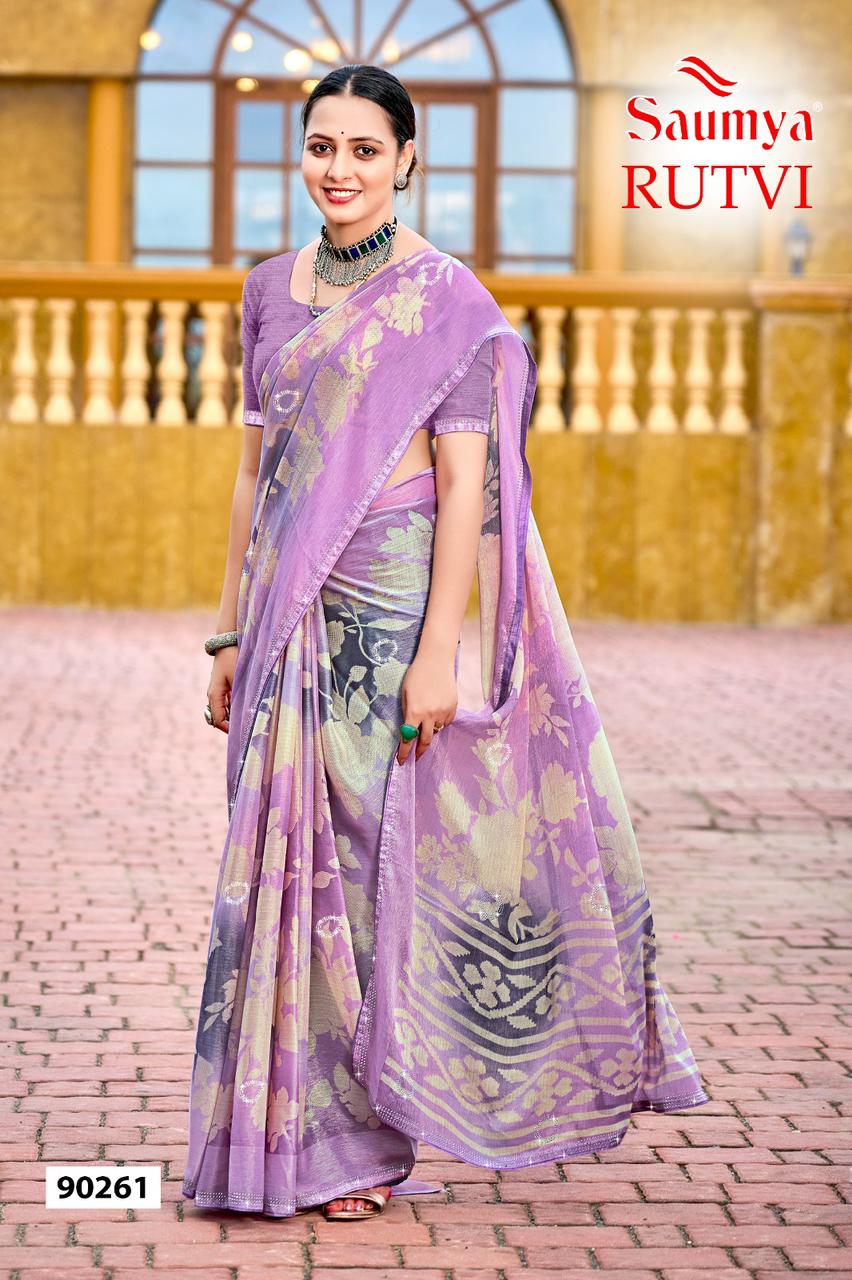 Rutvi By Saumya Chiffon Brasso Printed Sarees Suppliers In india